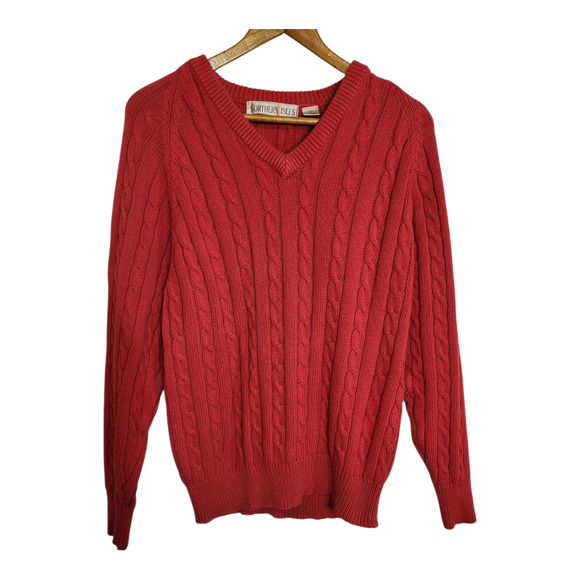 Vintage Northern Isles Women's V-Neck Cable Knit Sweater Red Thick Knit Cotton M - Picture 1 of 7